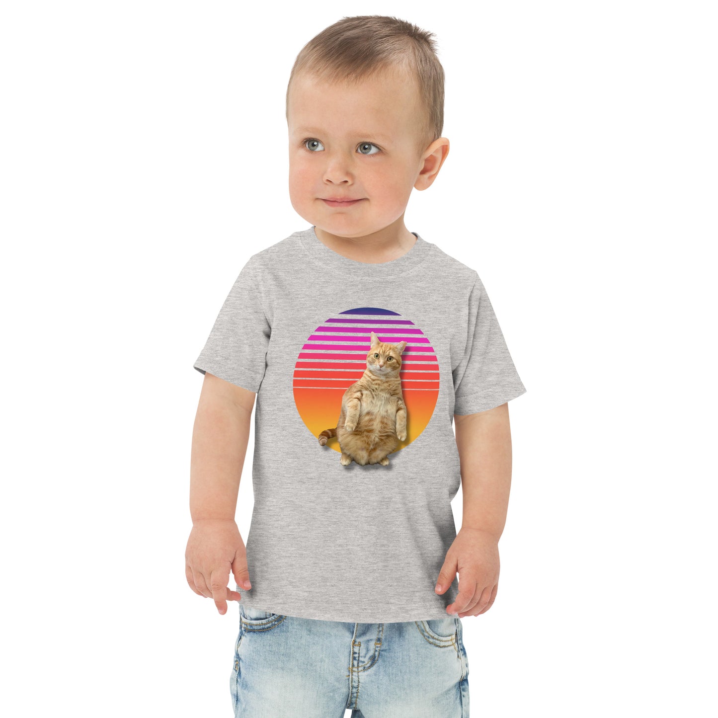 Retro Sunset Toddler jersey t-shirt - Standing Orange Cat