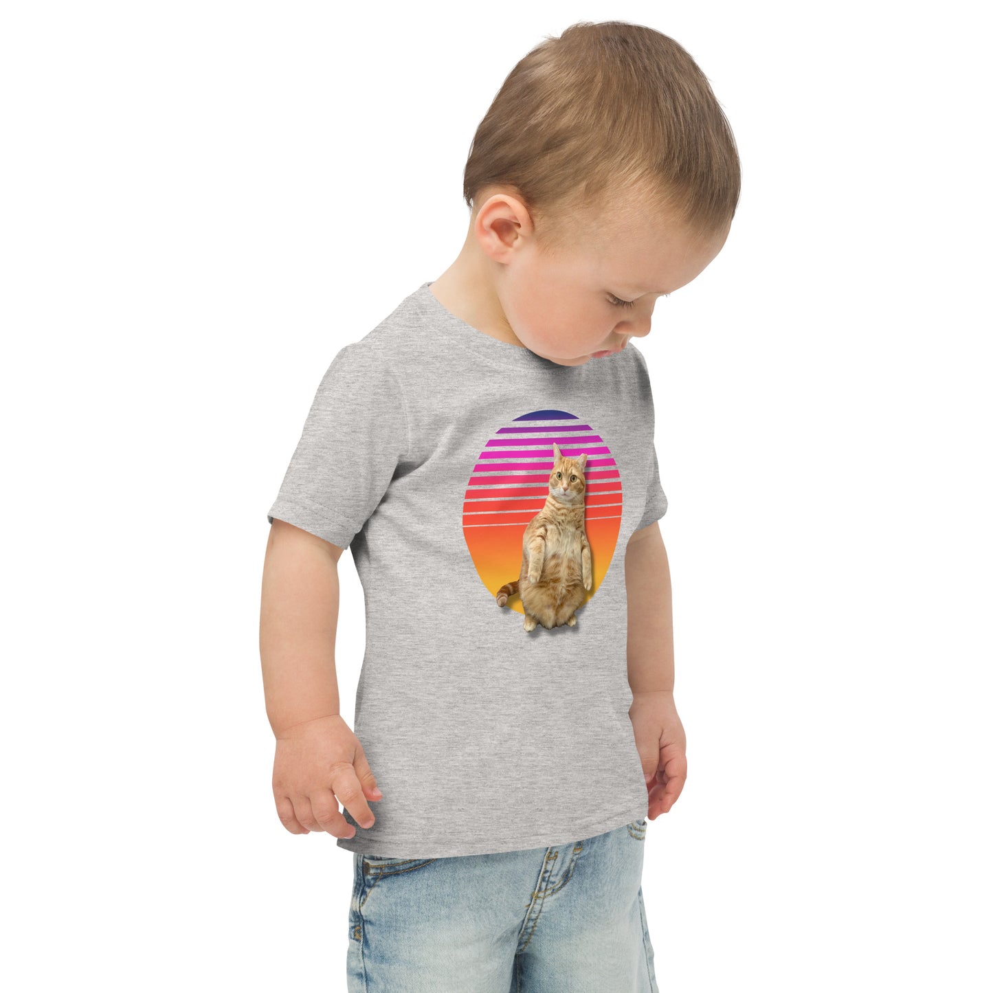 Retro Sunset Toddler jersey t-shirt - Standing Orange Cat