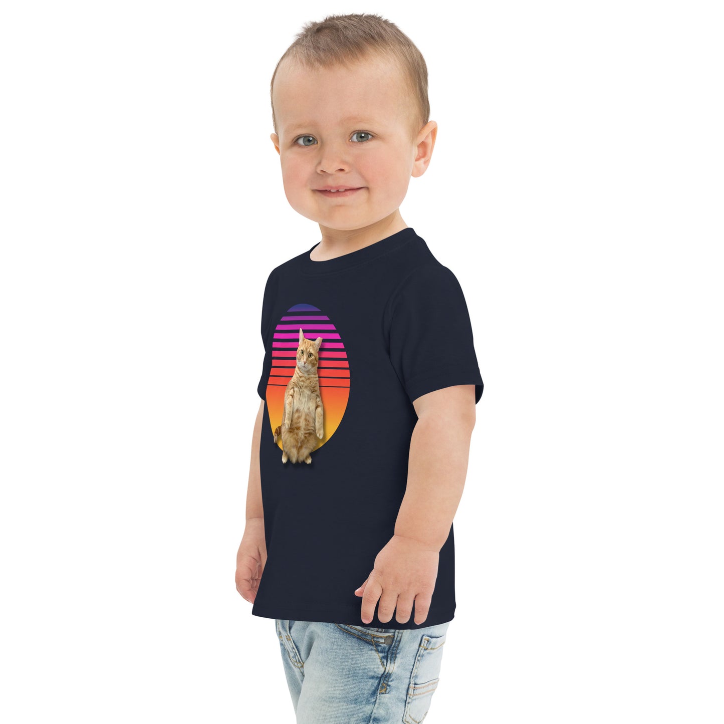 Retro Sunset Toddler jersey t-shirt - Standing Orange Cat