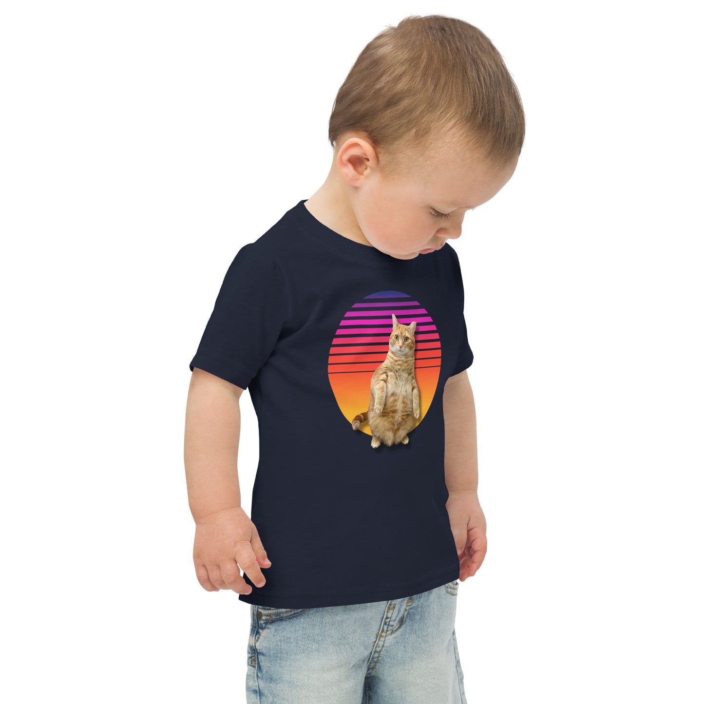 Retro Sunset Toddler jersey t-shirt - Standing Orange Cat