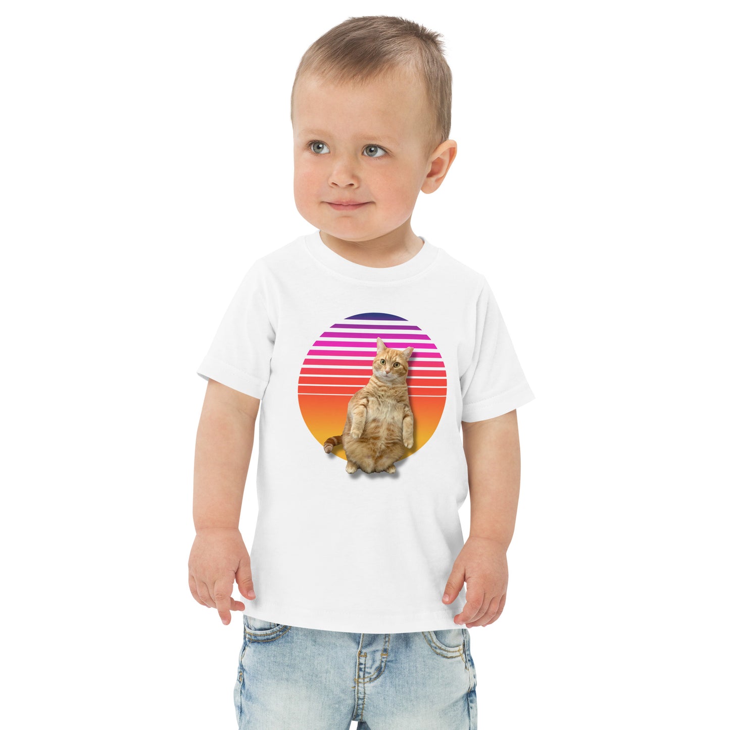 Retro Sunset Toddler jersey t-shirt - Standing Orange Cat