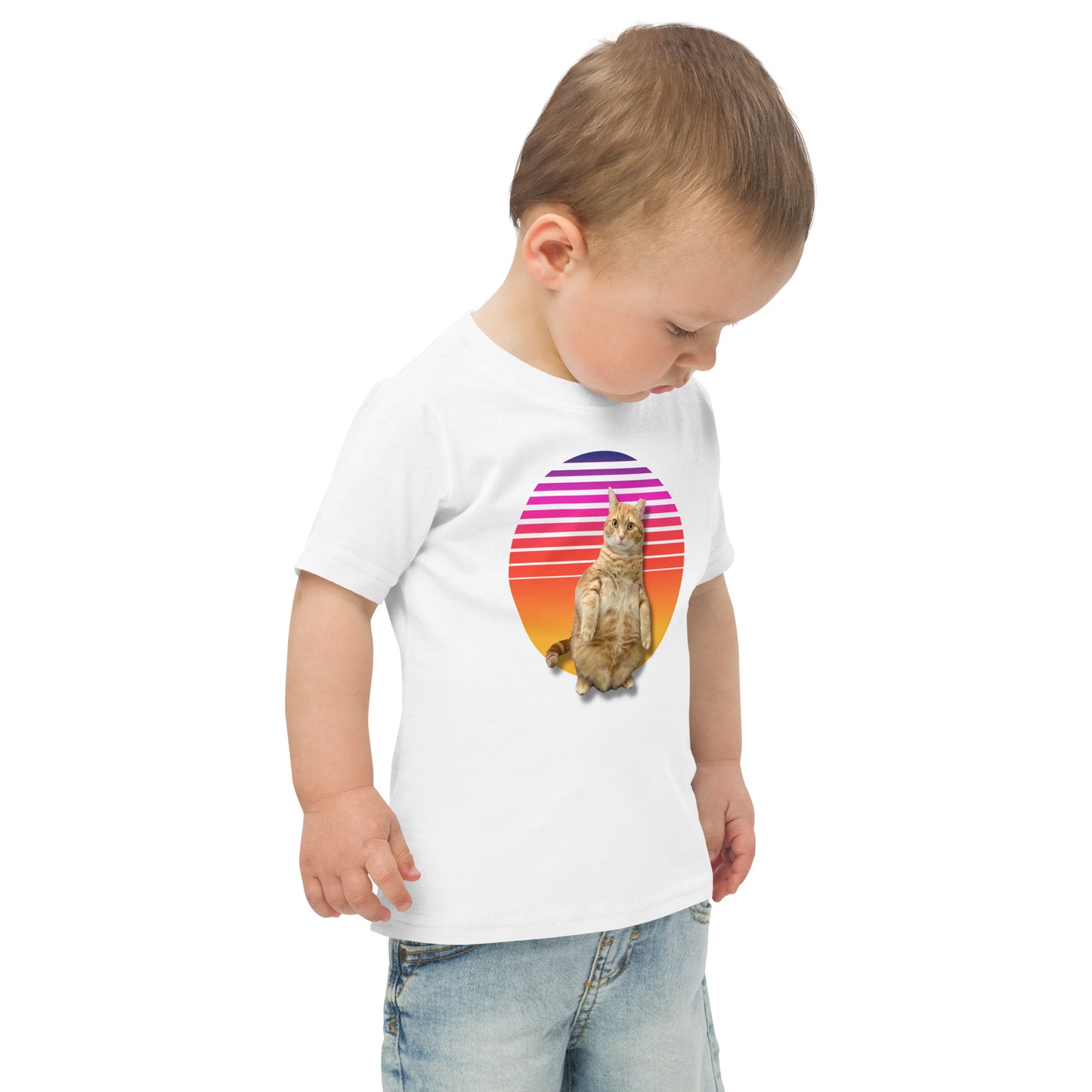 Retro Sunset Toddler jersey t-shirt - Standing Orange Cat