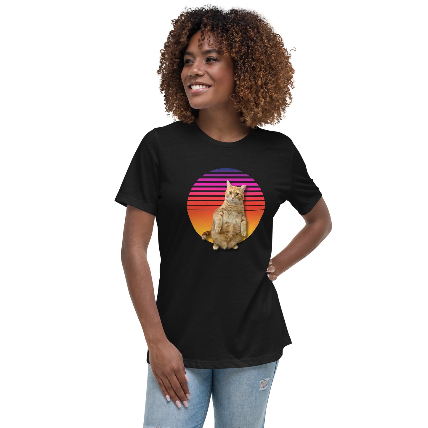 Retro Sunset Women's Relaxed T-Shirt - Standing Orange Cat