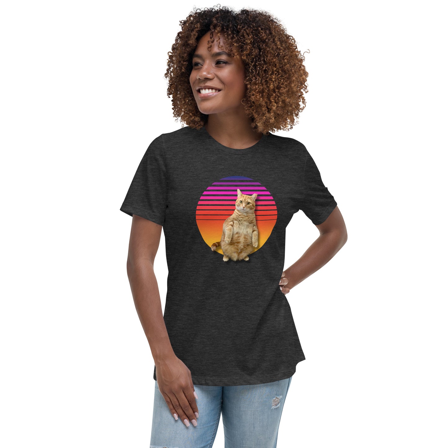 Retro Sunset Women's Relaxed T-Shirt - Standing Orange Cat