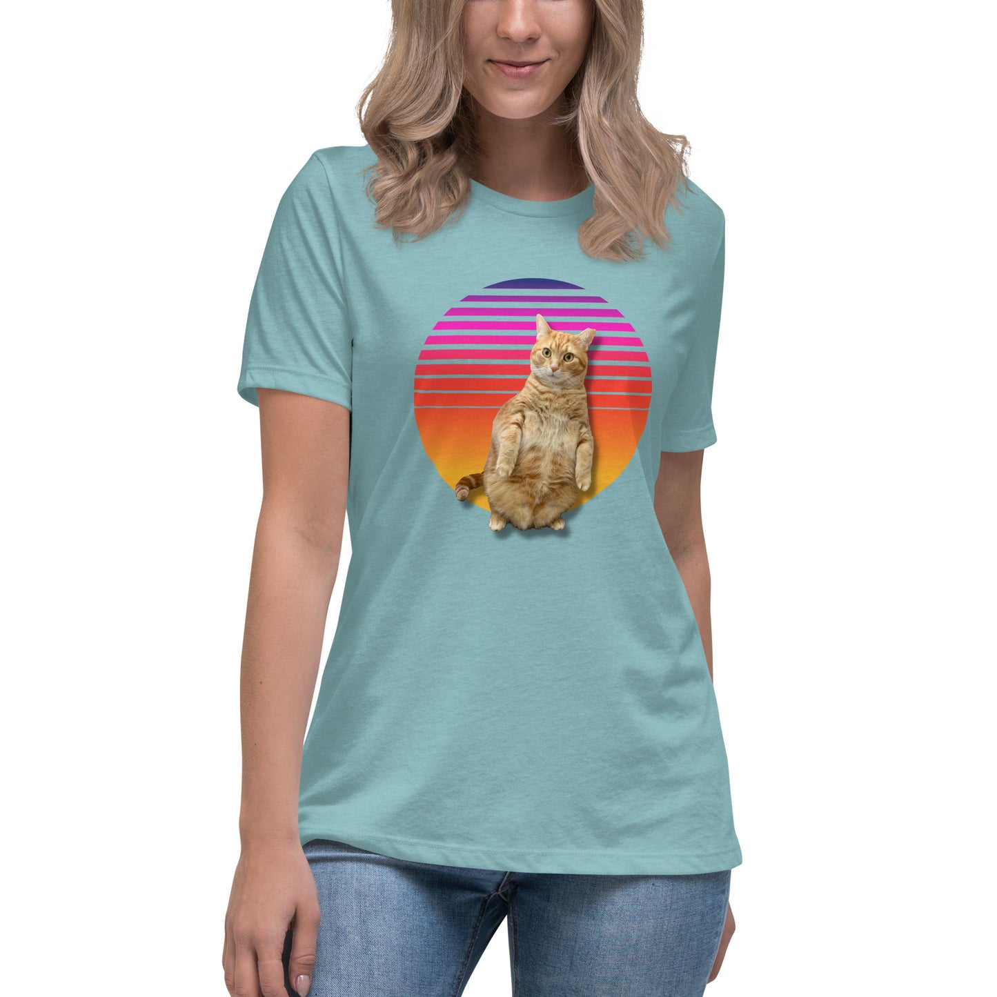 Retro Sunset Women's Relaxed T-Shirt - Standing Orange Cat