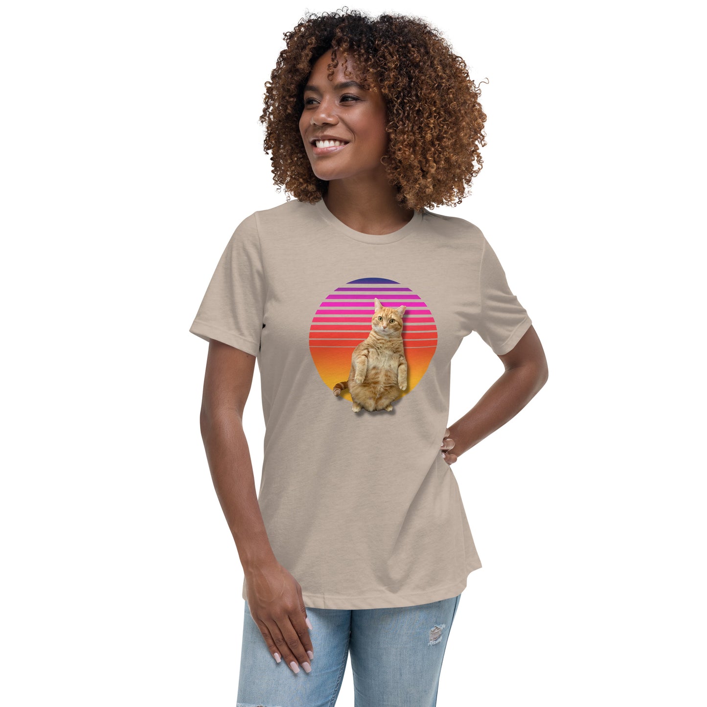 Retro Sunset Women's Relaxed T-Shirt - Standing Orange Cat