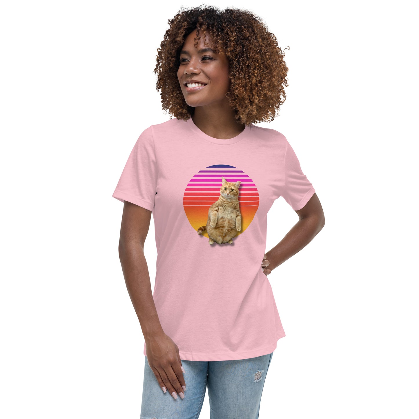 Retro Sunset Women's Relaxed T-Shirt - Standing Orange Cat