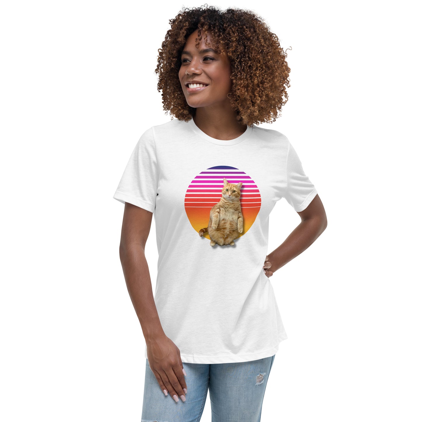 Retro Sunset Women's Relaxed T-Shirt - Standing Orange Cat