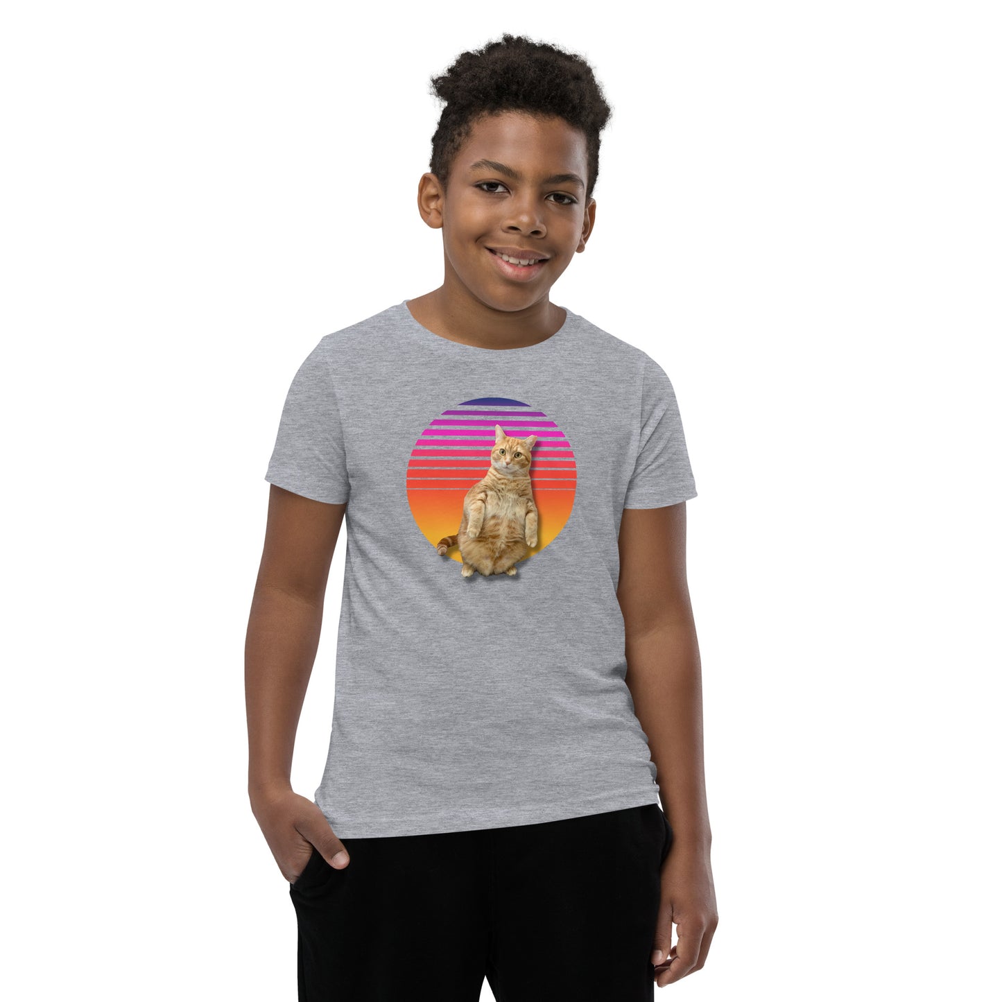 Retro Sunset Youth T-Shirt - Standing Orange Cat