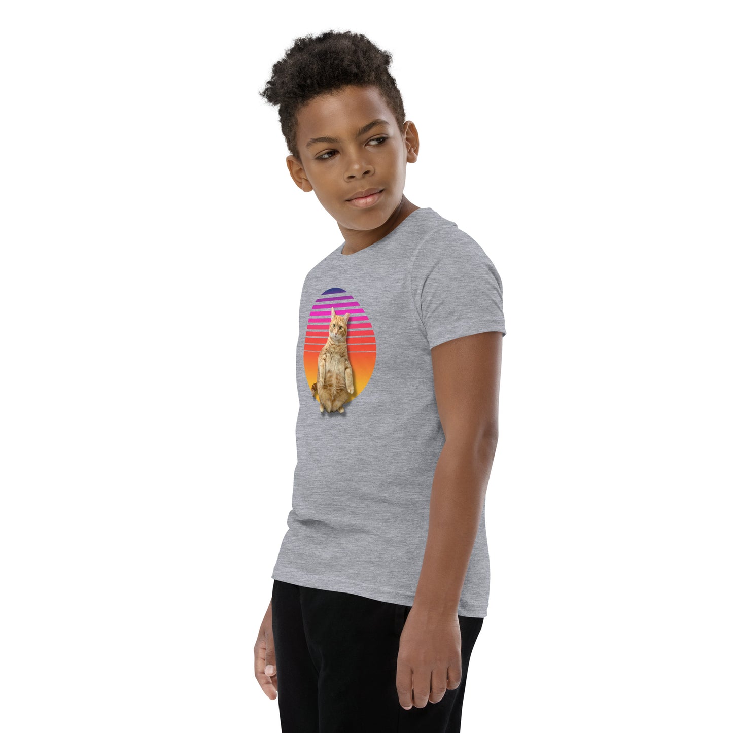 Retro Sunset Youth T-Shirt - Standing Orange Cat