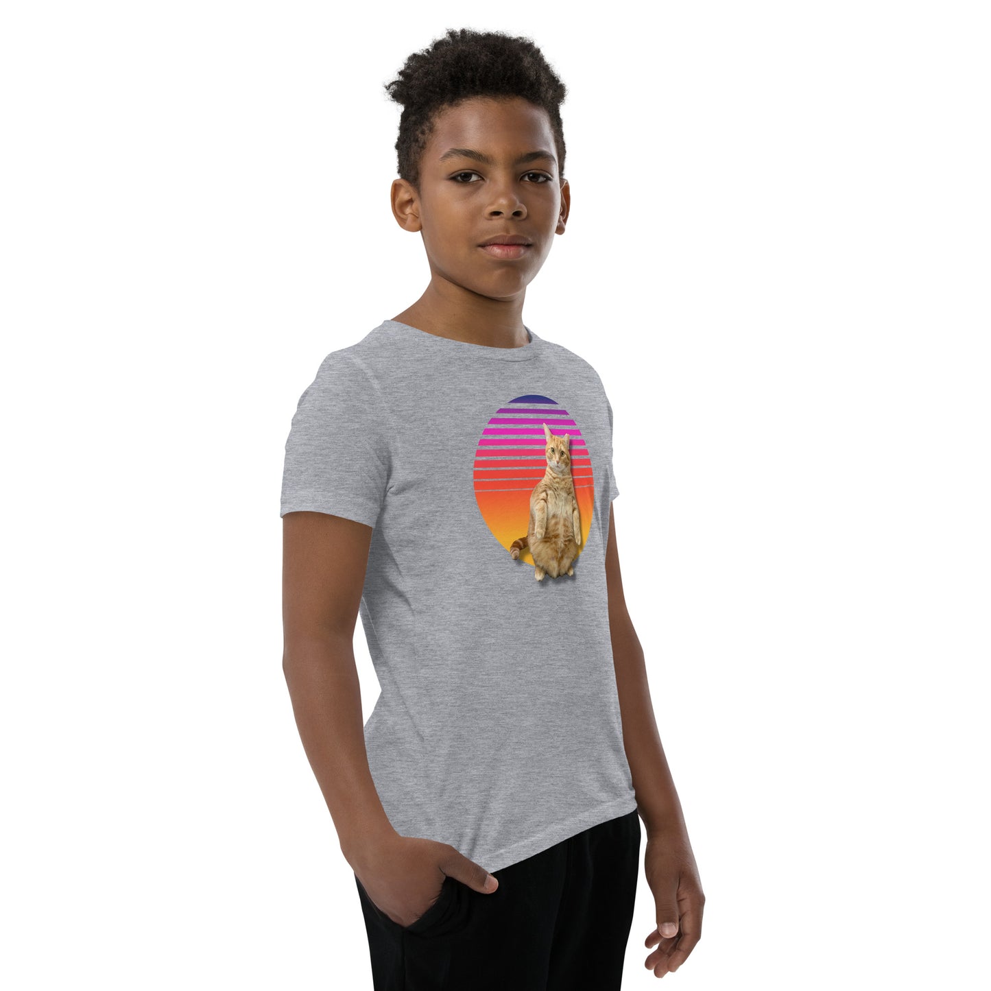 Retro Sunset Youth T-Shirt - Standing Orange Cat