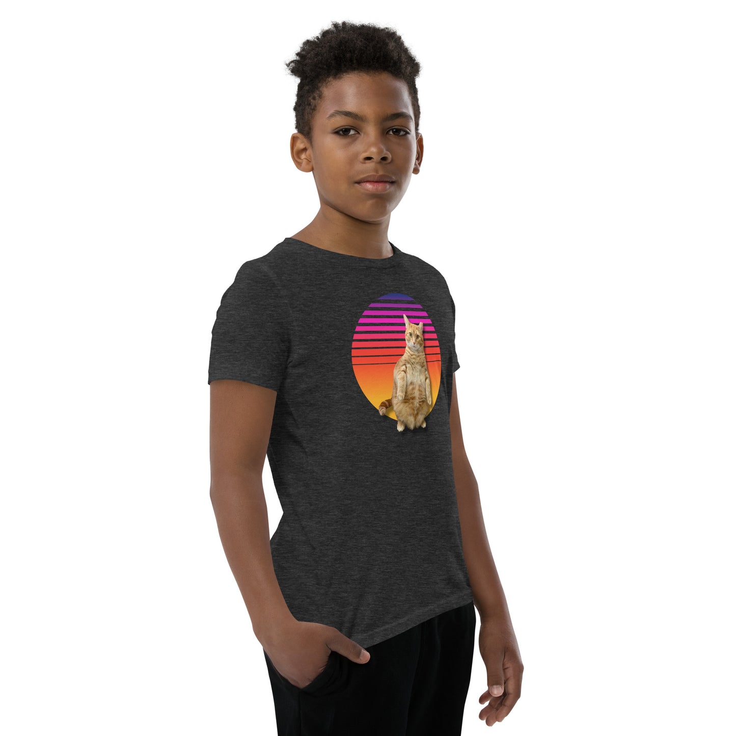 Retro Sunset Youth T-Shirt - Standing Orange Cat