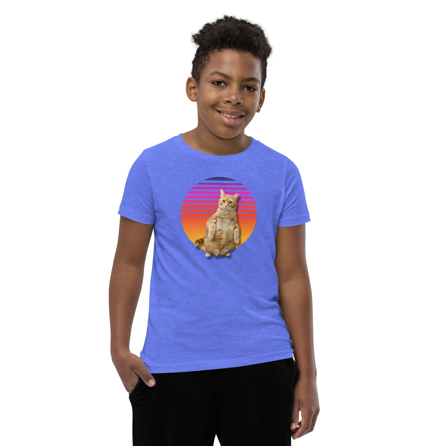 Retro Sunset Youth T-Shirt - Standing Orange Cat