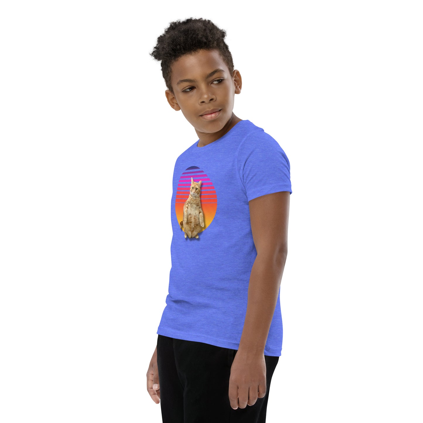 Retro Sunset Youth T-Shirt - Standing Orange Cat