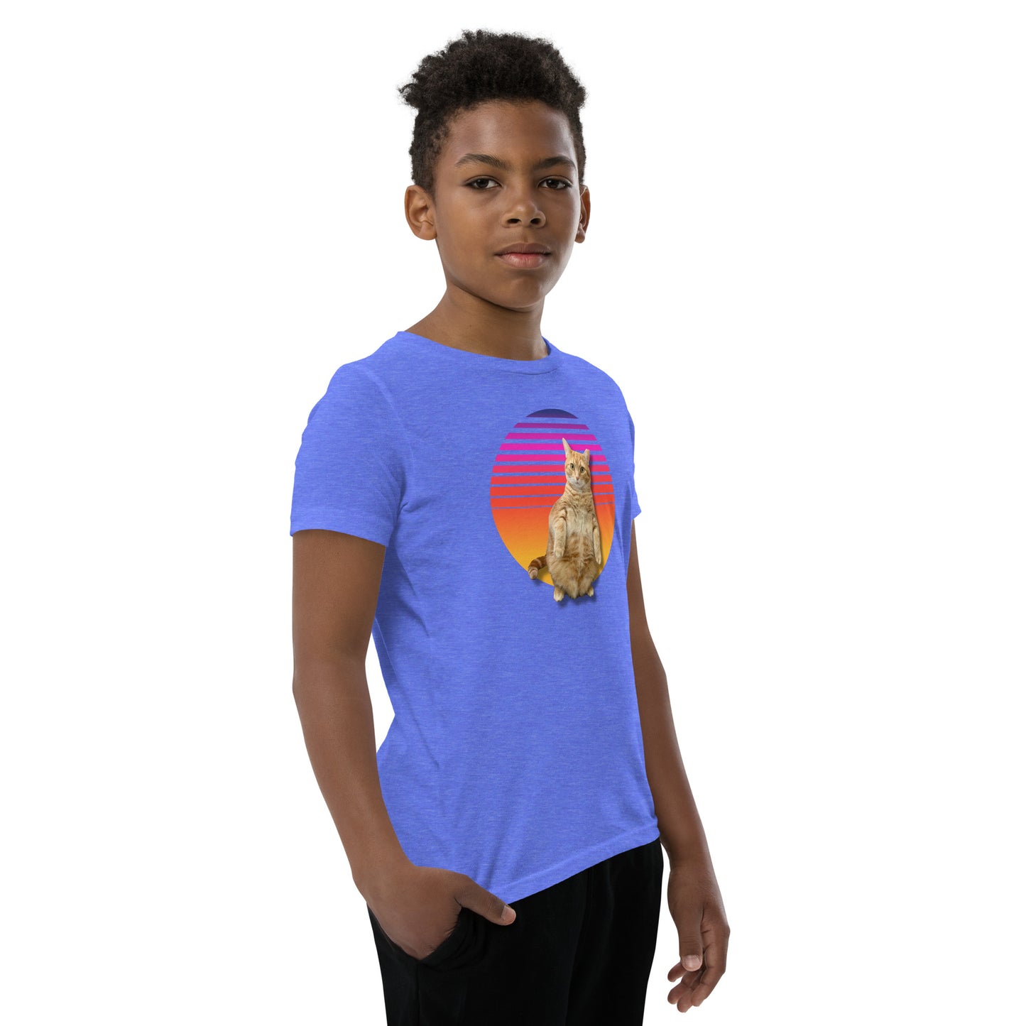 Retro Sunset Youth T-Shirt - Standing Orange Cat