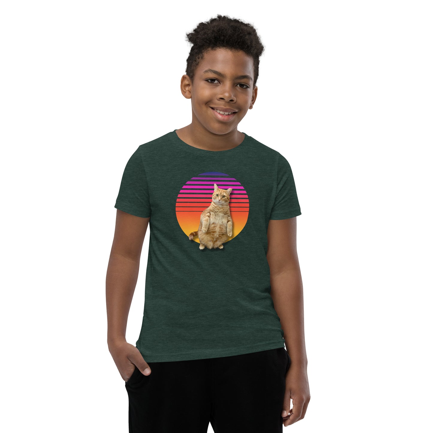 Retro Sunset Youth T-Shirt - Standing Orange Cat