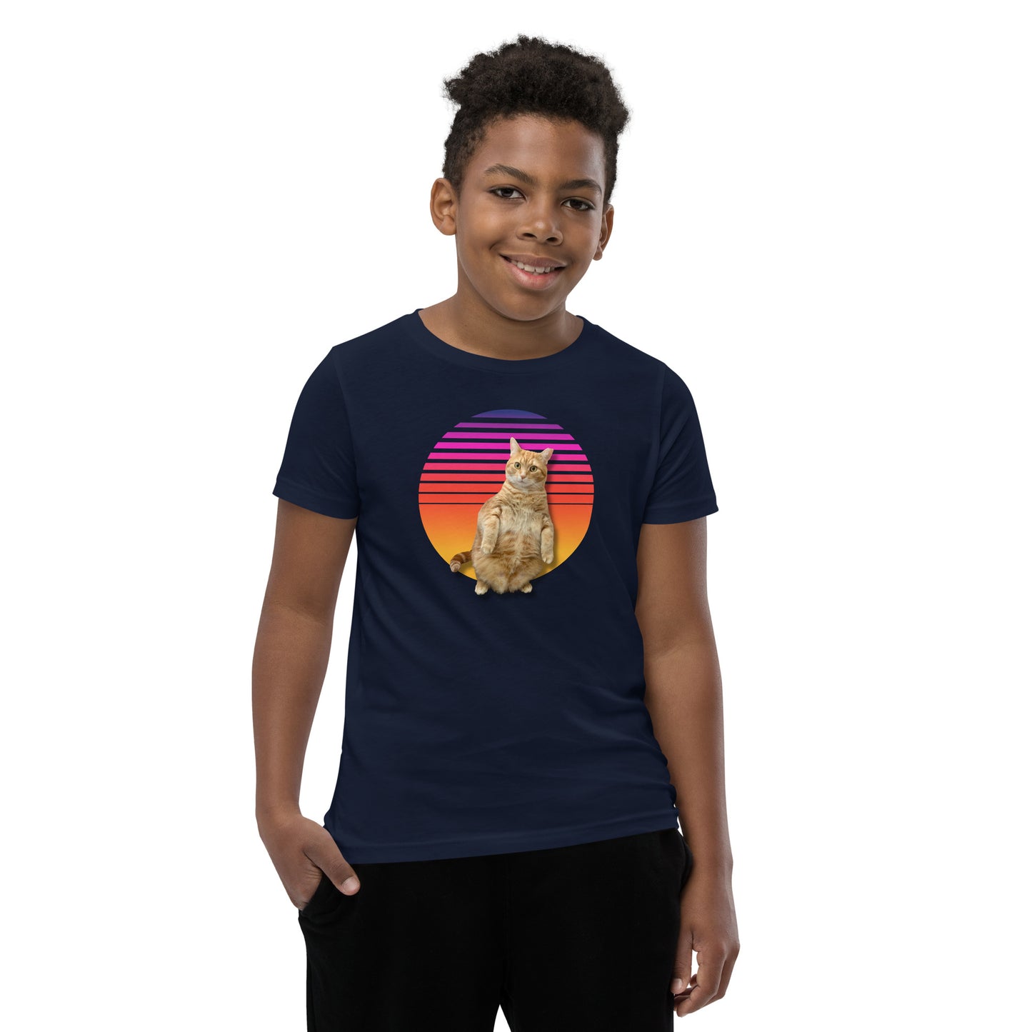 Retro Sunset Youth T-Shirt - Standing Orange Cat