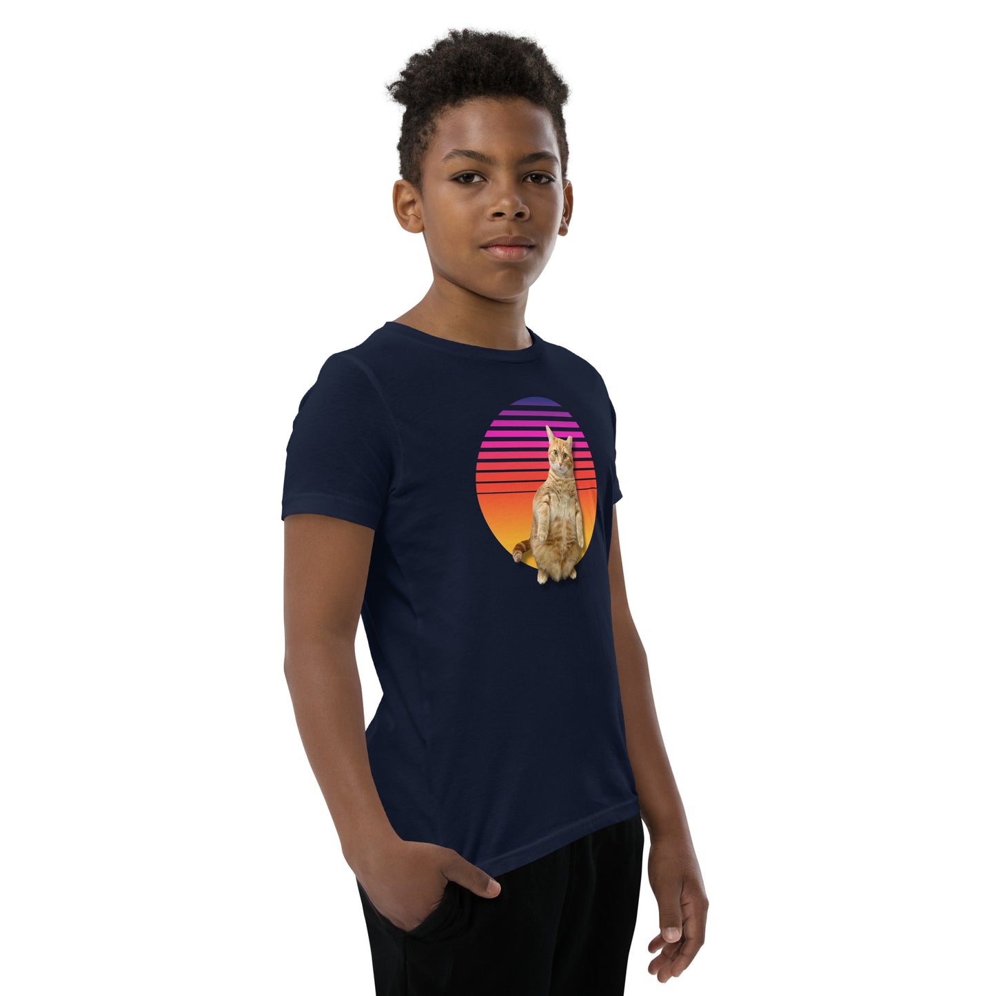 Retro Sunset Youth T-Shirt - Standing Orange Cat