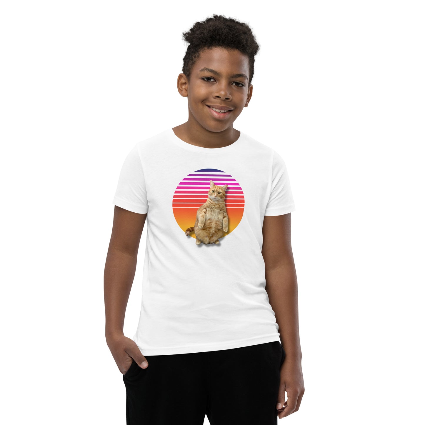 Retro Sunset Youth T-Shirt - Standing Orange Cat