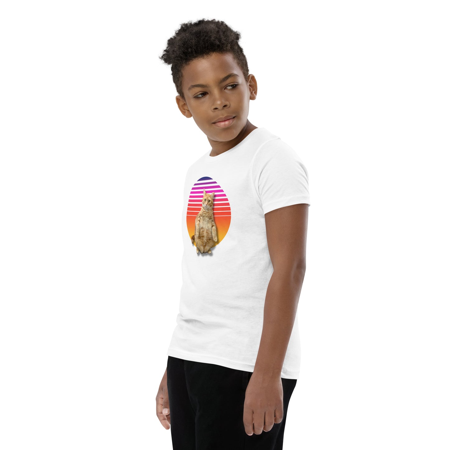 Retro Sunset Youth T-Shirt - Standing Orange Cat