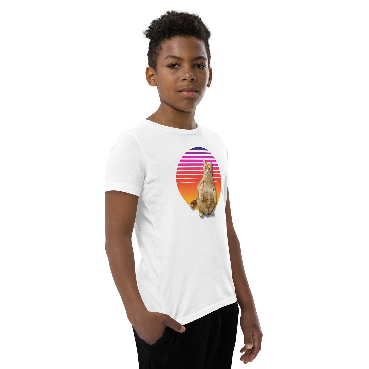 Retro Sunset Youth T-Shirt - Standing Orange Cat